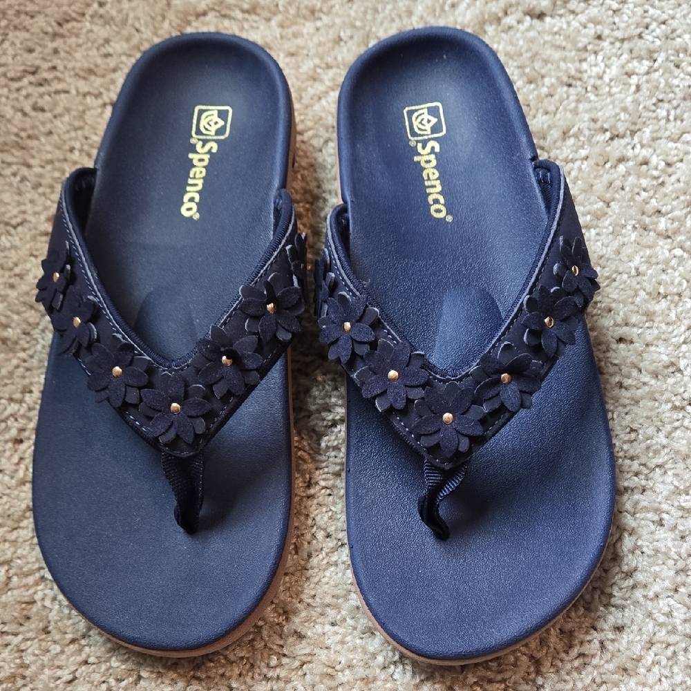 Spenco Navy Orthotic Floral Thong Sandals Orthotic Arch Support